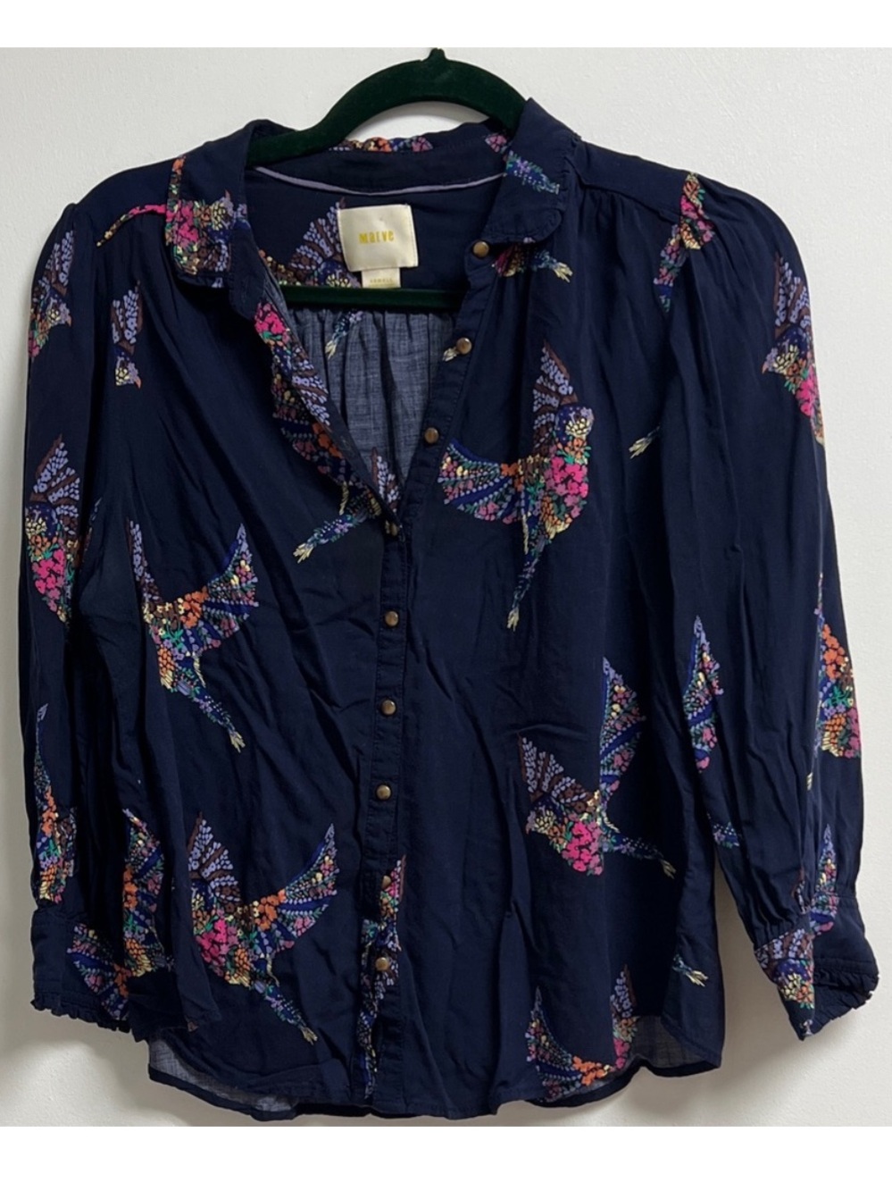 Anthropologie Maeve Navy Blue Mosaic Bird Print Button Down 3/4 Sleeve Shirt XS